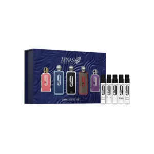AFNAN 9 Discovery Set with five 2ml mini perfume bottles for men and women.
