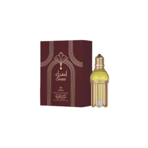Product image of Lattafa Esraa Pure Perfume Attar 20ml featuring an alcohol-free unisex fragrance oil with rose, musk, and woody notes.