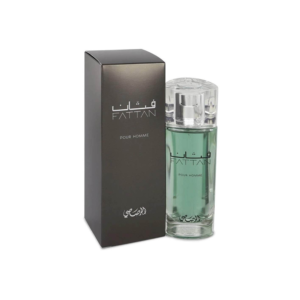 Rasasi Fattan for Men Eau de Parfum 50ml bottle with silver cap and green juice.
