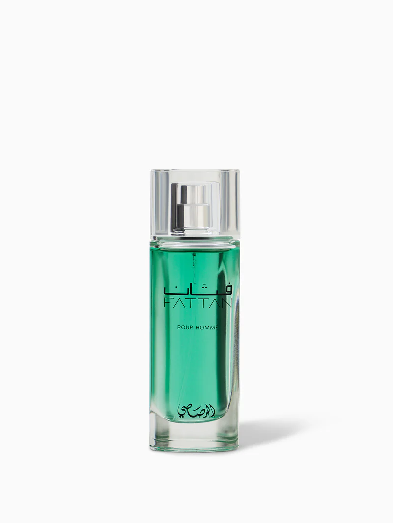 Rasasi Fattan for Men Eau de Parfum 50ml bottle with silver cap and green juice.