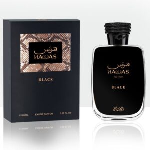 Rasasi Hawas Black for Men Eau de Parfum 100ml, sleek black bottle design for a powerful night scent.