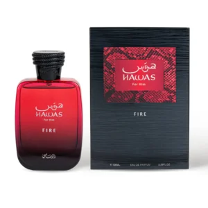 Rasasi Hawas Fire for Men Eau de Parfum 100ml bottle, bold design for a fresh aromatic scent.