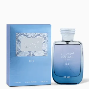 Rasasi Hawas Ice for Men Eau de Parfum 100ml tall blue glass bottle with silver cap.
