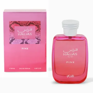 Rasasi Hawas Pink for Women Eau de Parfum 100ml, elegant pink juice in a decorative bottle.