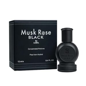 Ajmal Musk Rose Black concentrated perfume 12ml unisex bottle on a soft pink surface with rose petals and musk grains
