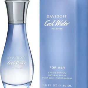 Davidoff Cool Water Parfum EDP for Women 100ml bottle on a soft blue surface with rose petals and vetiver grass