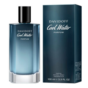 Davidoff Cool Water Parfum for Men Eau de Toilette bottle on a dark blue surface with ocean-inspired elements