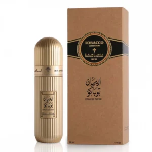 Ibraheem Al Qurashi Arabian Tobacco Extrait De Parfum 100ml bottle on golden sand with amber and coffee beans