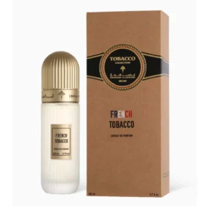 ibraheem Al Qurashi French Tobacco Extrait De Parfum 200ml bottle on a rustic wooden surface with tobacco leaves and citrus fruits