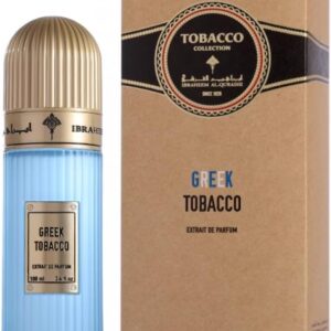 Ibraheem Al Qurashi Greek Tobacco Extrait De Parfum 100ml bottle on a Mediterranean-inspired surface with apricots and orange flowers