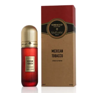 Ibraheem Al Qurashi Mexican Tobacco Extrait De Parfum 100ml bottle on a rustic wooden surface with dark chocolate and cedarwood accents