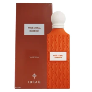 Ibraheem Al Qurashi Nude Coral Diamond Eau De Parfum 150ml men's bottle on a warm coral-toned surface with apple and saffron accents