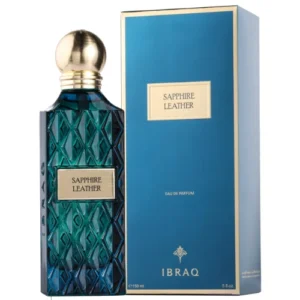 Ibraheem Al Qurashi Sapphire Leather Eau De Parfum 150ml bottle on a dark marble surface