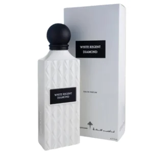 Ibraheem Al Qurashi White Regent Diamond Eau De Parfum 150ml bottle on a white marble surface with fresh figs and cardamom pods