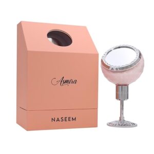 Naseem Asmira Aqua Parfum 100ml for women bottle on a soft pink surface with cherries and tuberose flowers