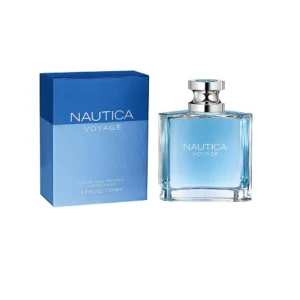Nautica Voyage Eau De Toilette 100ml for men bottle on a blue marine surface with green apple and lotus flowers