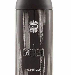 Ajmal Carbon Pour Homme Parfum Deodorant for men alcohol-free bottle on a dark charcoal surface with attar and masculine accents