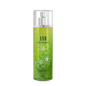 Ajmal And Chic Connect Body Mist Perfume For Women 200ml bottle on a elegant surface with citrus fruits and sandalwood