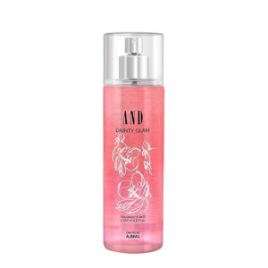 Ajmal And Dainty Glam Body Mist Perfume For Women 200ml bottle on a soft pink surface with mandarin oranges, apples, and jasmine flowers