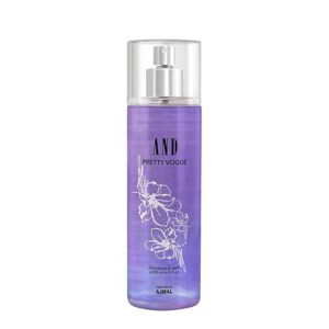 Ajmal And Pretty Vogue Body Mist Perfume For Women 200ml bottle on a fresh white surface with plum blossoms and bamboo leaves
