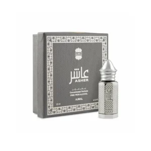 Ajmal Asher Concentrated Perfume 12ml alcohol-free unisex bottle with matt-silver finish on a dark oriental surface