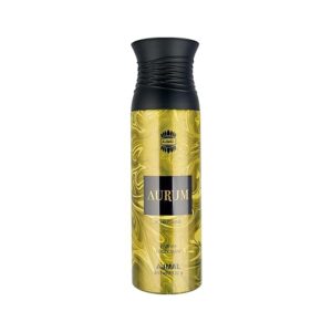 Ajmal Aurum Pour Femme Deodorant 200ml non-alcoholic women's spray bottle on a soft gold surface with citrus fruits and flowers