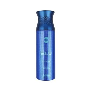 Ajmal Blu Pour Homme Parfum Deodorant 200ml for men bottle on a dark blue surface with citrus fruits and lavender