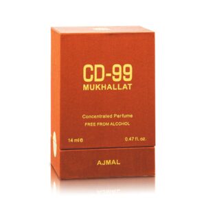 Ajmal CD 99 Mukhallat Concentrated Oriental Perfume 14ml unisex bottle on a warm amber surface with flowers and spices