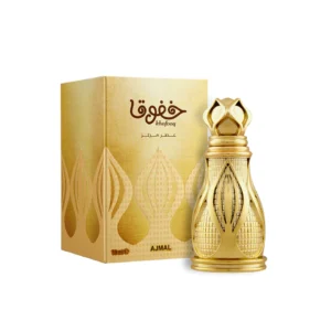Ajmal Khofooq Concentrated Perfume Oil 18ml attar bottle on a warm amber surface with rose petals and spices