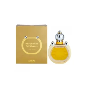 Ajmal Mukhallat Al Shams Eau De Parfum 50ml unisex bottle on a warm golden surface with woody and floral accents