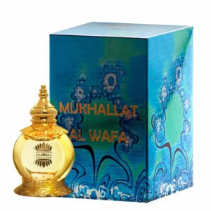 Ajmal Mukhallat Al Wafa Concentrated Oriental Perfume unisex bottle on a luxurious gold surface with citrus and wood accents