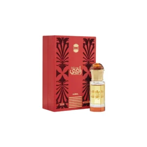 Ajmal Mukhallat Raaqi Concentrated Perfume Oil 10ml unisex bottle on a calm blue surface with fresh botanical elements