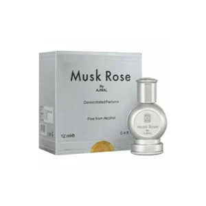 Ajmal Musk Rose Concentrated Perfume Oil 12ml unisex bottle on a soft pink surface with rose petals and musk pods