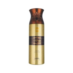 Ajmal Wisal Dhabab Perfume Deodorant Body Spray For Men 200ml gilt-edged bottle on a gold surface with fruits and flowers