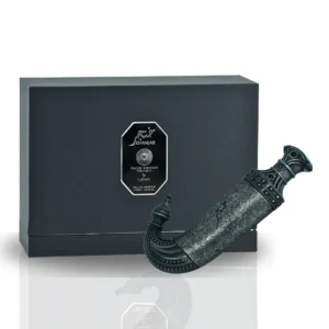 Niche Emarati Khanjar by Lattafa Eau De Parfum 85ml unisex bottle on a dark elegant surface with spices and incense smoke