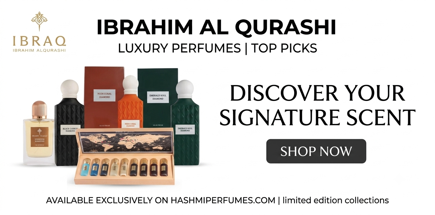 Luxury Ibrahim Al Qurashi perfume collection banner with a clean white background, featuring exclusive bottles and a discovery set for hashmiperfumes.com.